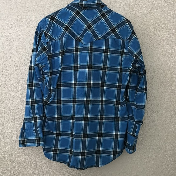 Mens Wrangler Wrancher Pearl Snap Button Shirt Blue Plaid Western Cowboy Medium - Picture 5 of 5